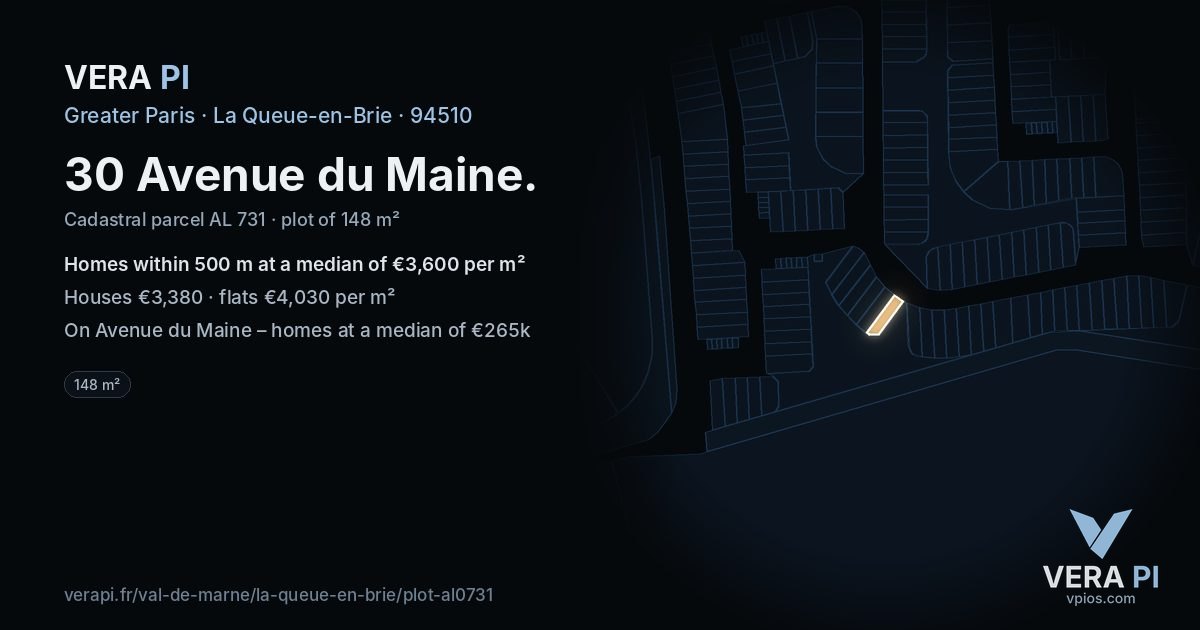 30 Avenue du Maine, La Queue-en-Brie at night – the plot lit, the parcels around coloured by the prices near them