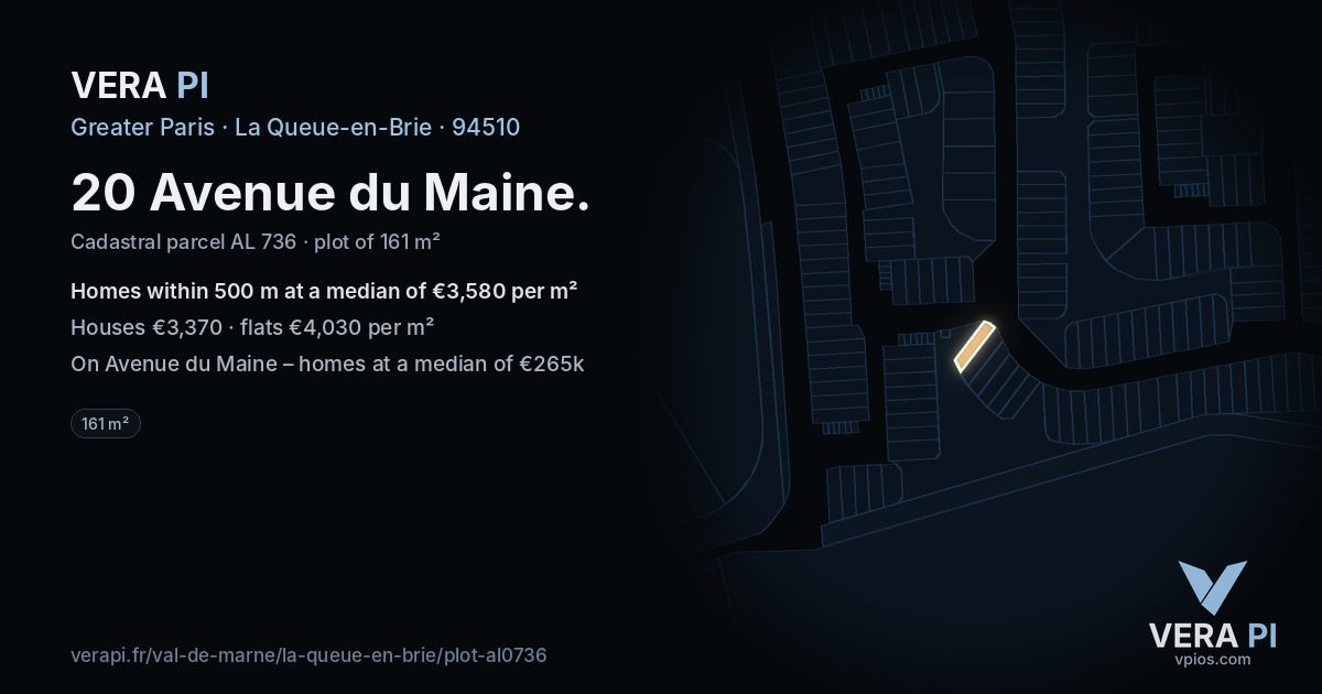 20 Avenue du Maine, La Queue-en-Brie at night – the plot lit, the parcels around coloured by the prices near them