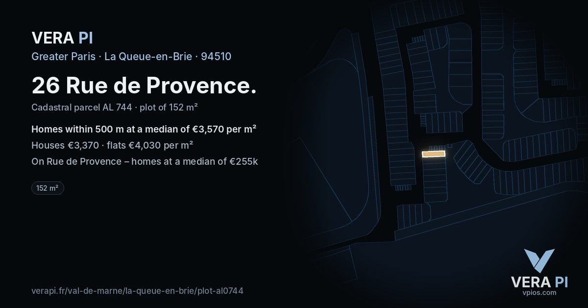 26 Rue de Provence, La Queue-en-Brie at night – the plot lit, the parcels around coloured by the prices near them