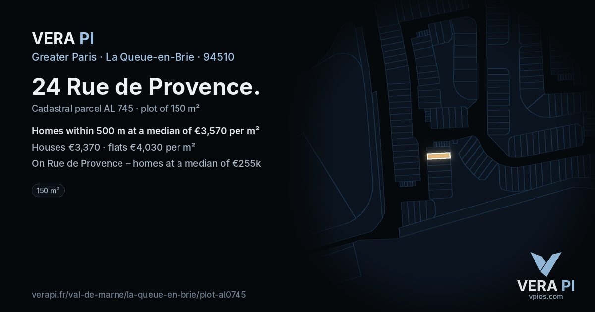 24 Rue de Provence, La Queue-en-Brie at night – the plot lit, the parcels around coloured by the prices near them