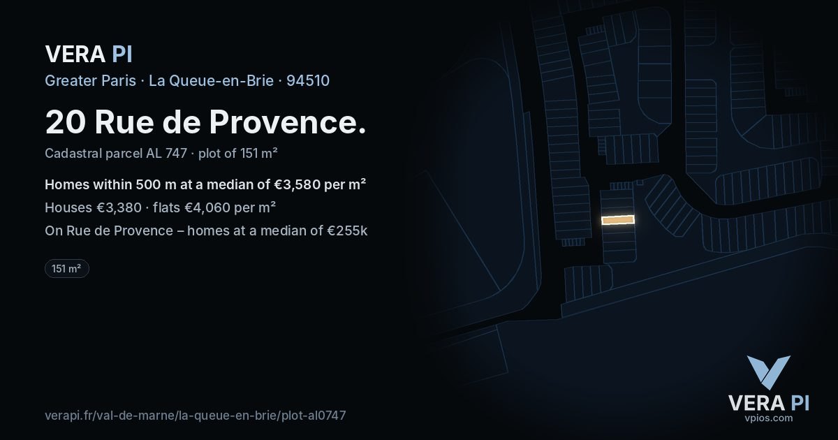 20 Rue de Provence, La Queue-en-Brie at night – the plot lit, the parcels around coloured by the prices near them