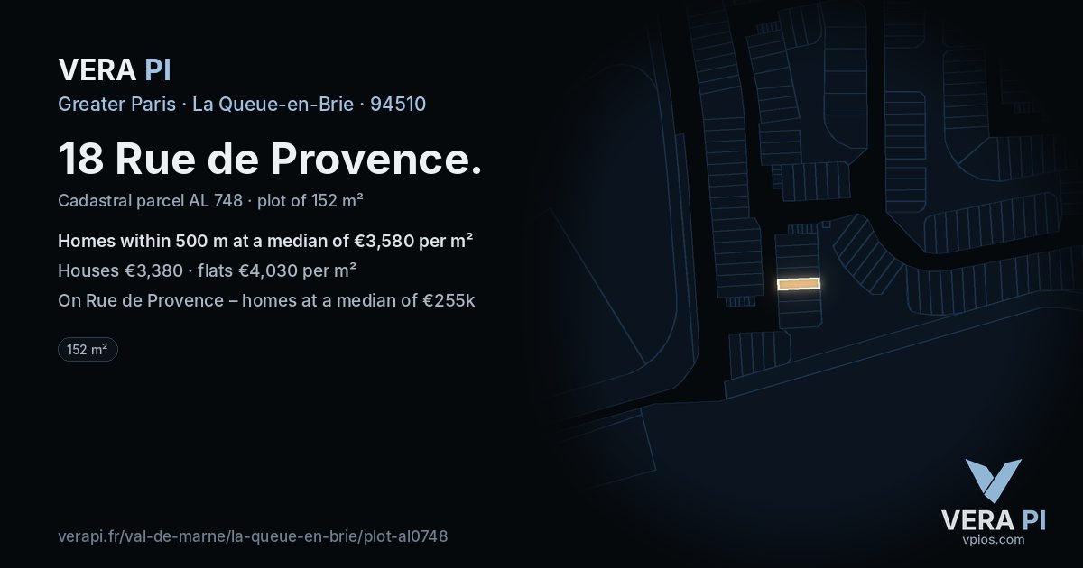 18 Rue de Provence, La Queue-en-Brie at night – the plot lit, the parcels around coloured by the prices near them