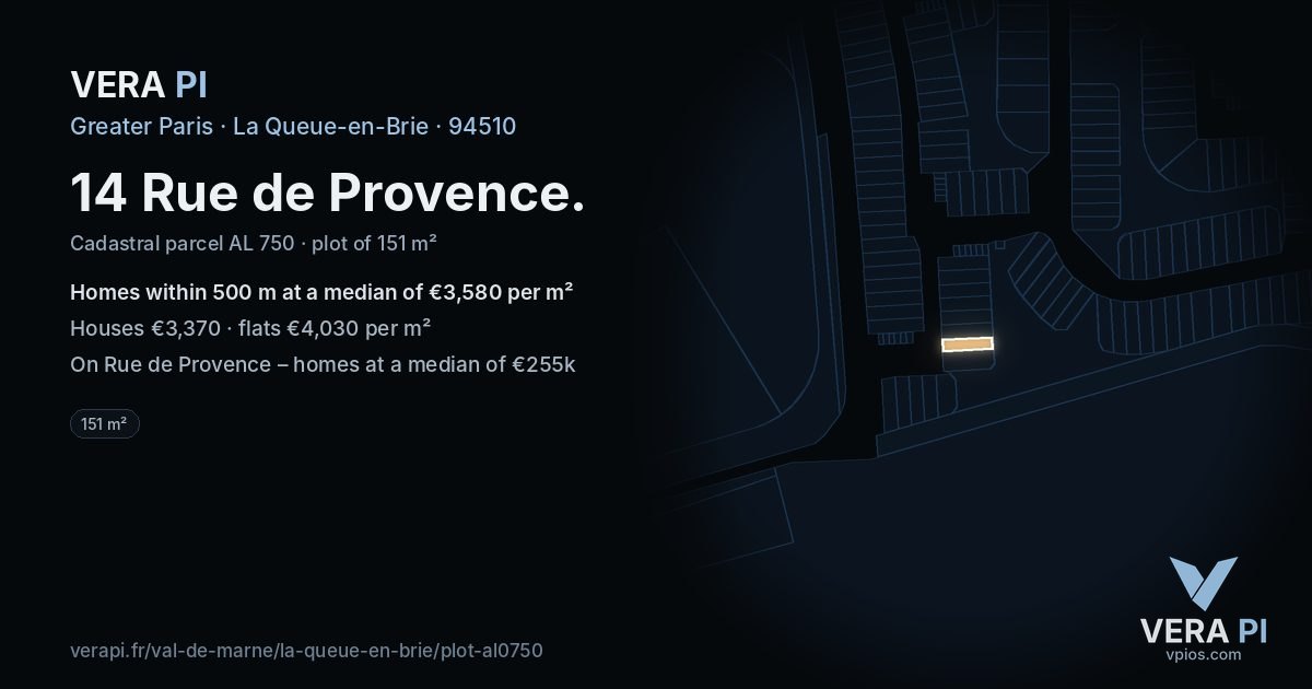 14 Rue de Provence, La Queue-en-Brie at night – the plot lit, the parcels around coloured by the prices near them