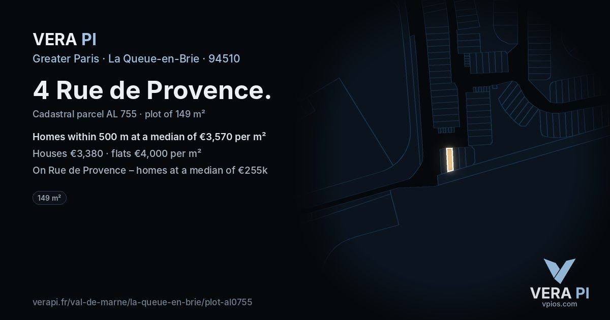 4 Rue de Provence, La Queue-en-Brie at night – the plot lit, the parcels around coloured by the prices near them