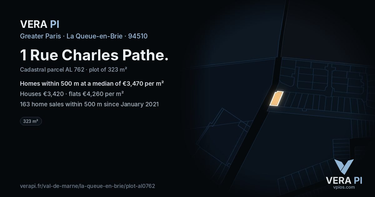 1 Rue Charles Pathe, La Queue-en-Brie at night – the plot lit, the parcels around coloured by the prices near them