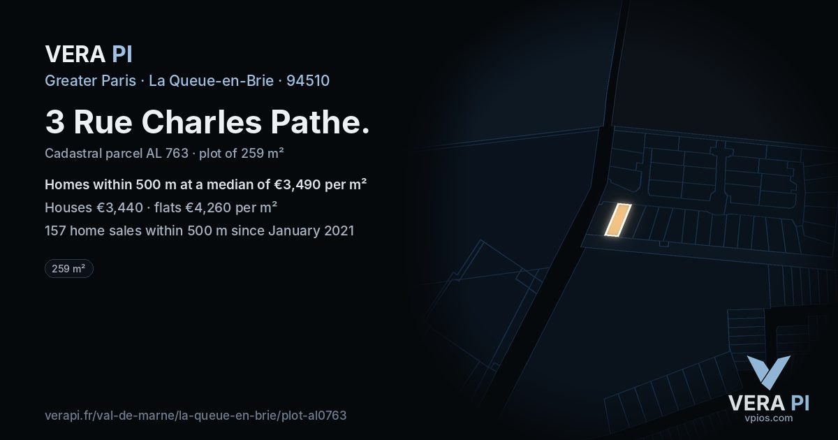 3 Rue Charles Pathe, La Queue-en-Brie at night – the plot lit, the parcels around coloured by the prices near them