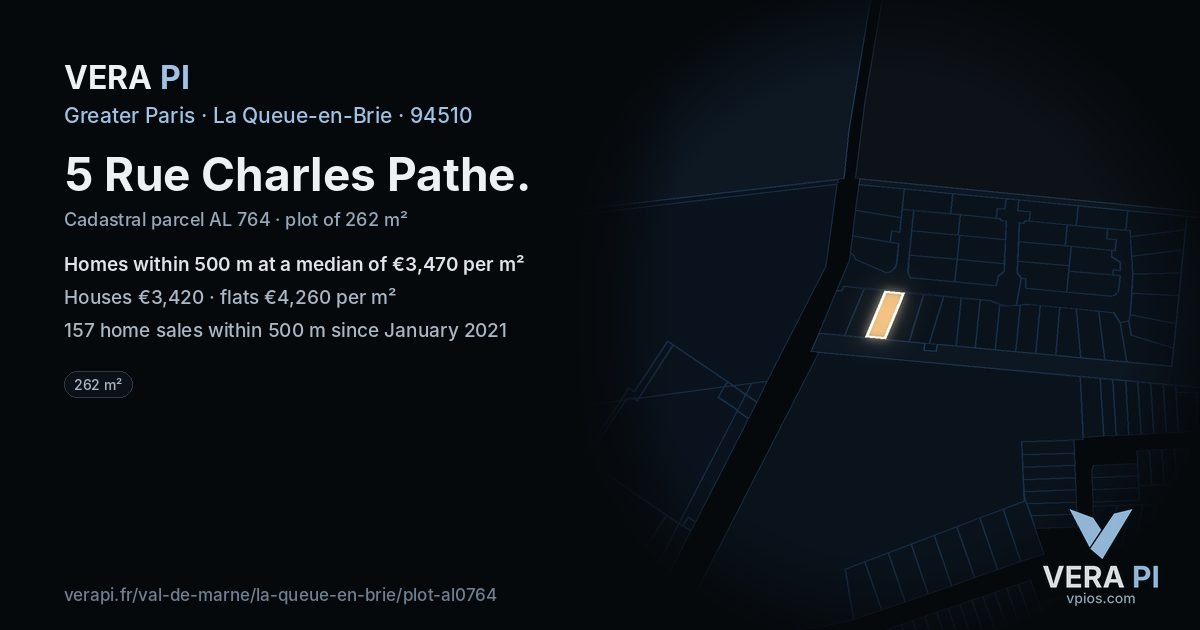 5 Rue Charles Pathe, La Queue-en-Brie at night – the plot lit, the parcels around coloured by the prices near them