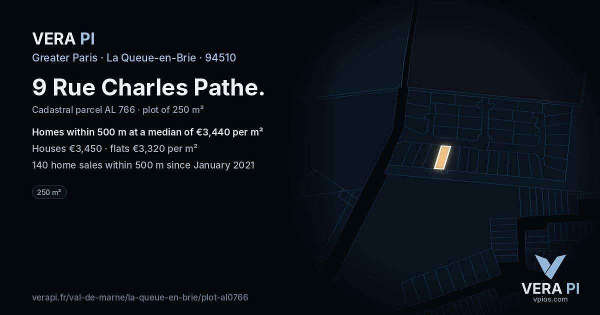 9 Rue Charles Pathe, La Queue-en-Brie at night – the plot lit, the parcels around coloured by the prices near them