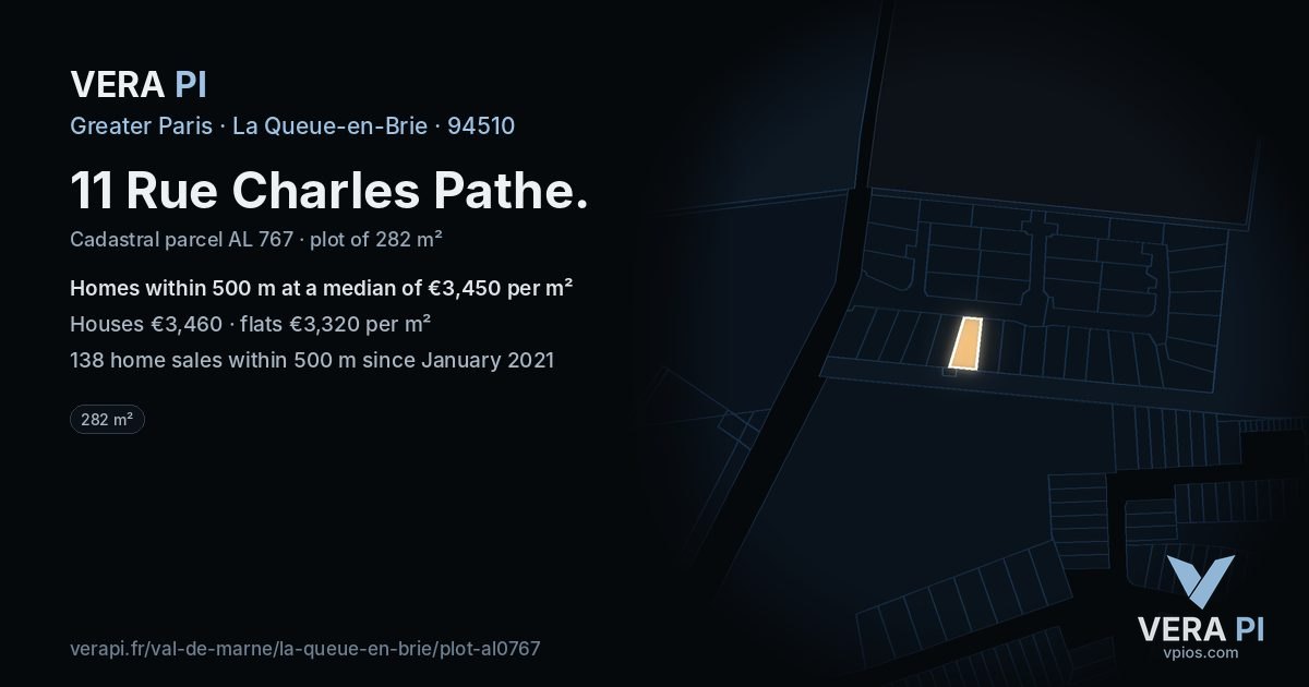 11 Rue Charles Pathe, La Queue-en-Brie at night – the plot lit, the parcels around coloured by the prices near them