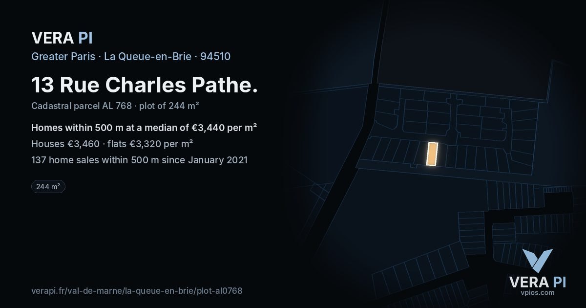 13 Rue Charles Pathe, La Queue-en-Brie at night – the plot lit, the parcels around coloured by the prices near them