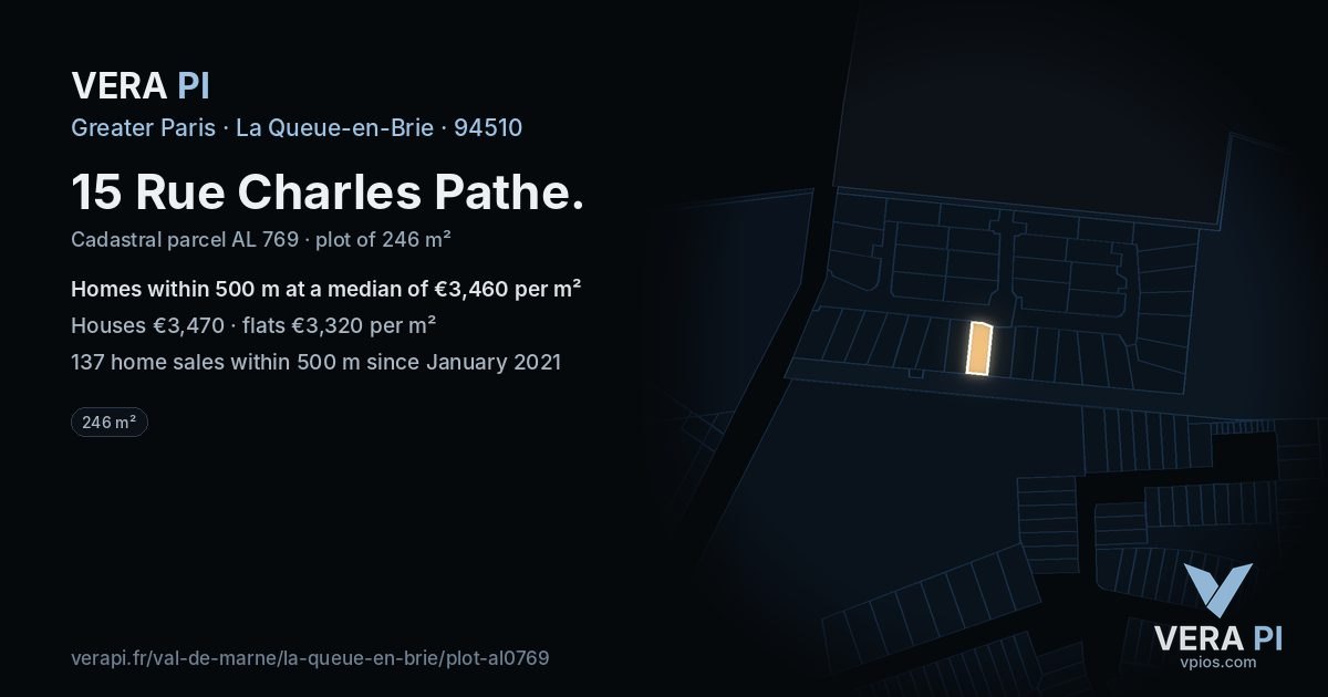 15 Rue Charles Pathe, La Queue-en-Brie at night – the plot lit, the parcels around coloured by the prices near them