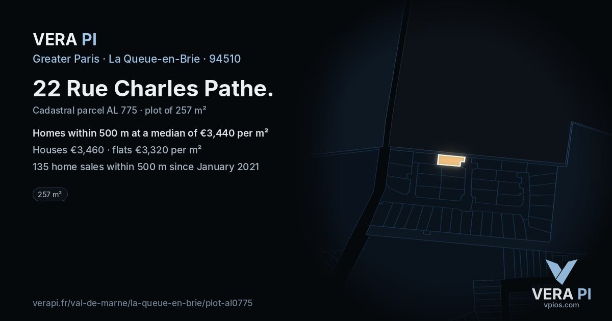 22 Rue Charles Pathe, La Queue-en-Brie at night – the plot lit, the parcels around coloured by the prices near them