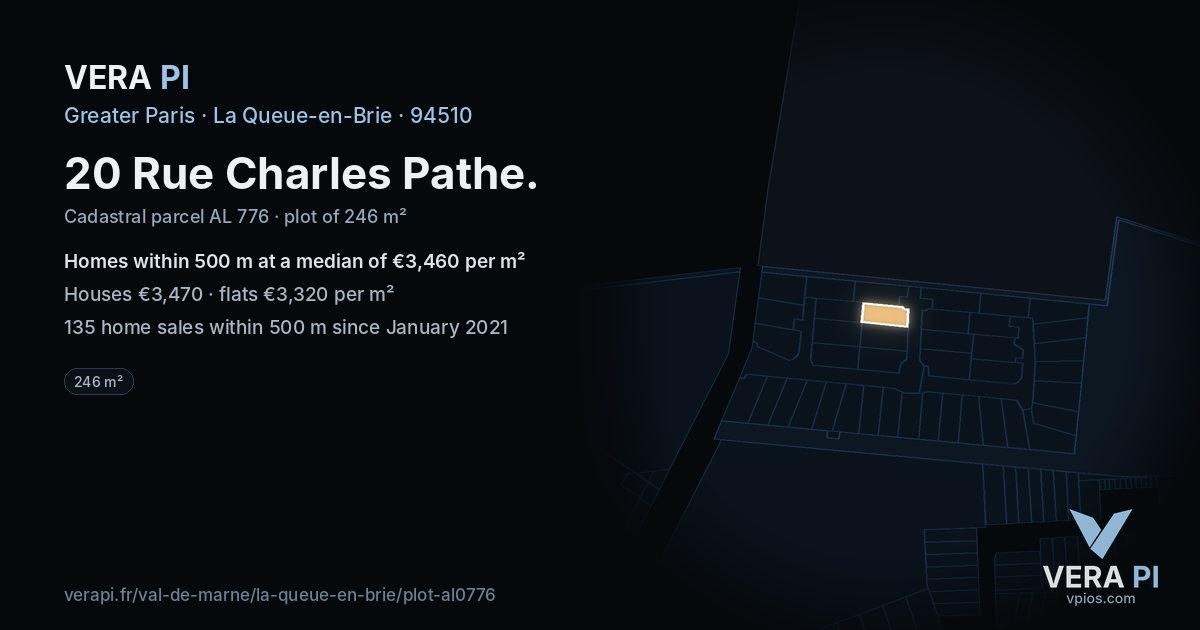 20 Rue Charles Pathe, La Queue-en-Brie at night – the plot lit, the parcels around coloured by the prices near them