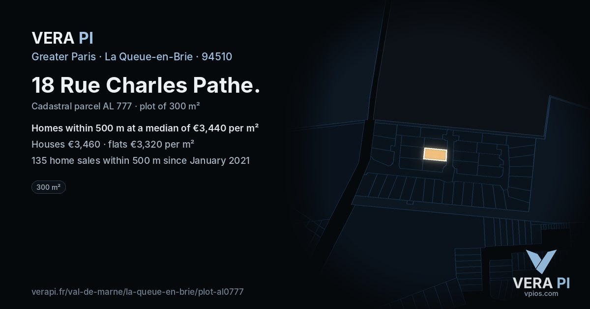 18 Rue Charles Pathe, La Queue-en-Brie at night – the plot lit, the parcels around coloured by the prices near them