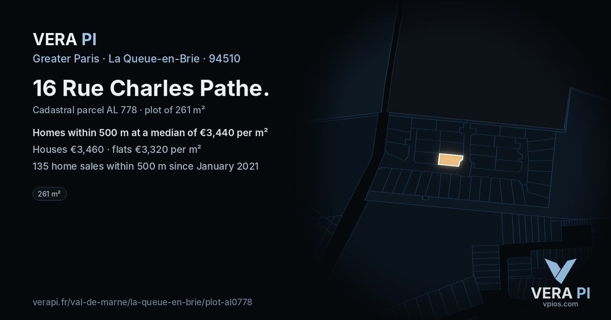 16 Rue Charles Pathe, La Queue-en-Brie at night – the plot lit, the parcels around coloured by the prices near them