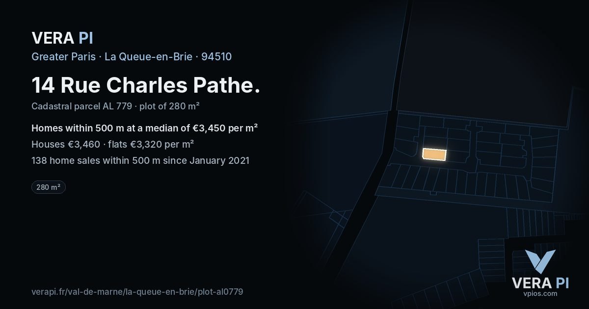 14 Rue Charles Pathe, La Queue-en-Brie at night – the plot lit, the parcels around coloured by the prices near them