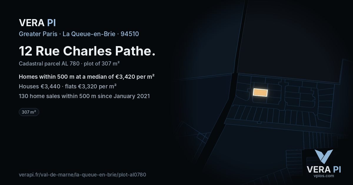 12 Rue Charles Pathe, La Queue-en-Brie at night – the plot lit, the parcels around coloured by the prices near them