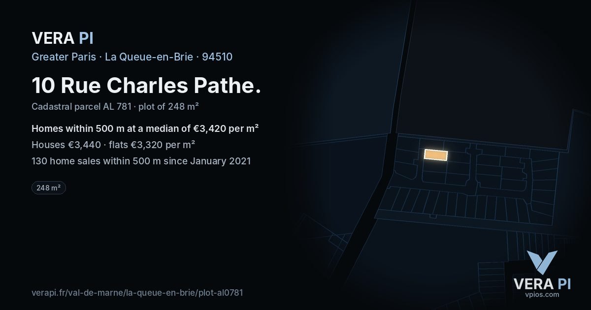 10 Rue Charles Pathe, La Queue-en-Brie at night – the plot lit, the parcels around coloured by the prices near them