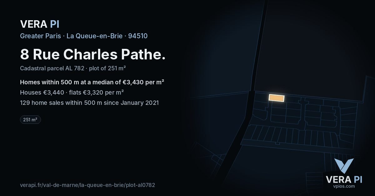 8 Rue Charles Pathe, La Queue-en-Brie at night – the plot lit, the parcels around coloured by the prices near them