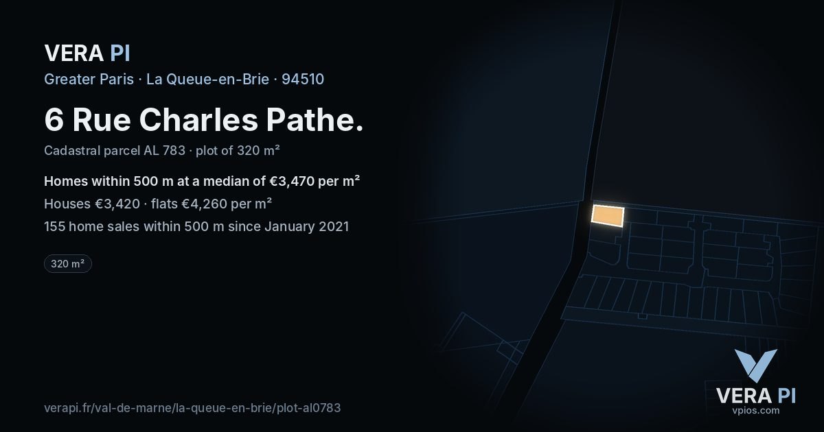 6 Rue Charles Pathe, La Queue-en-Brie at night – the plot lit, the parcels around coloured by the prices near them