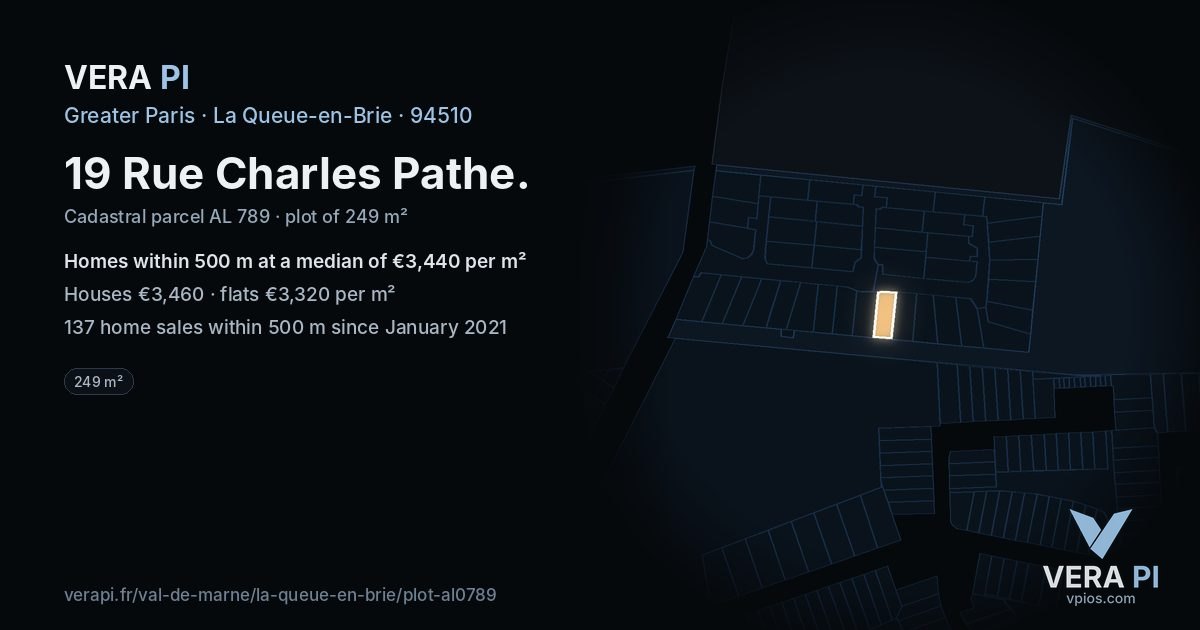 19 Rue Charles Pathe, La Queue-en-Brie at night – the plot lit, the parcels around coloured by the prices near them