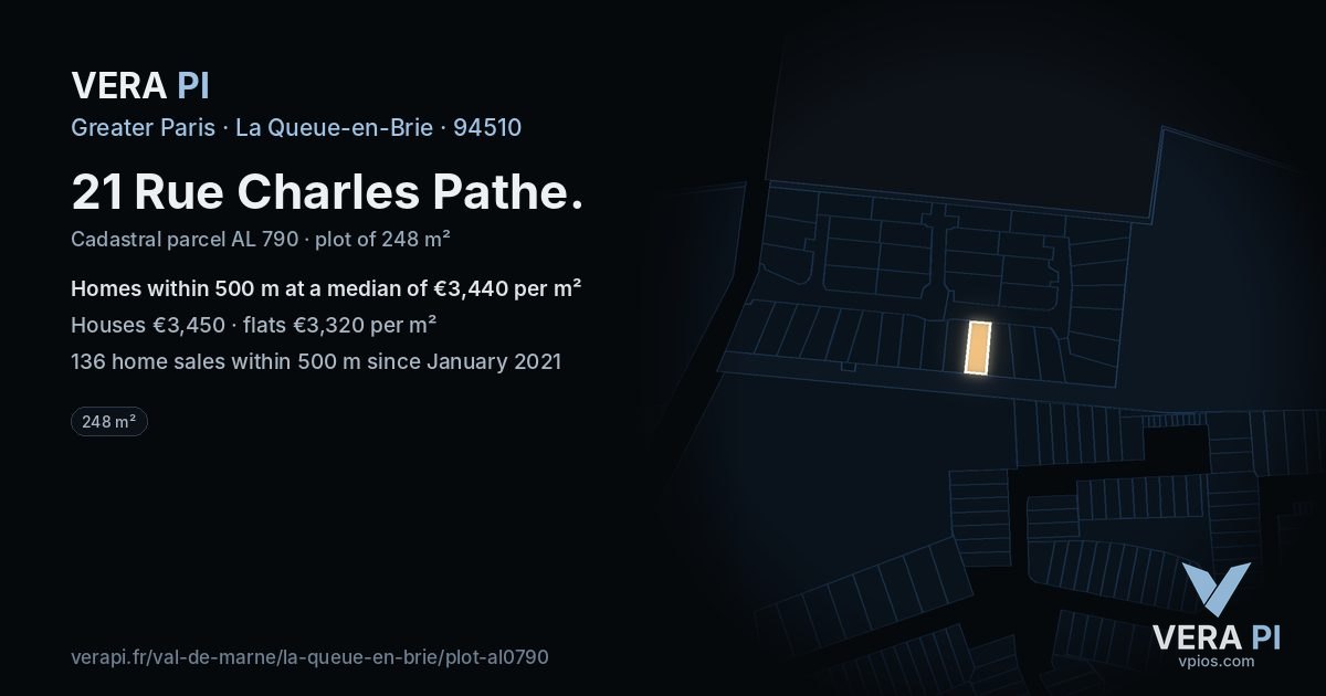 21 Rue Charles Pathe, La Queue-en-Brie at night – the plot lit, the parcels around coloured by the prices near them