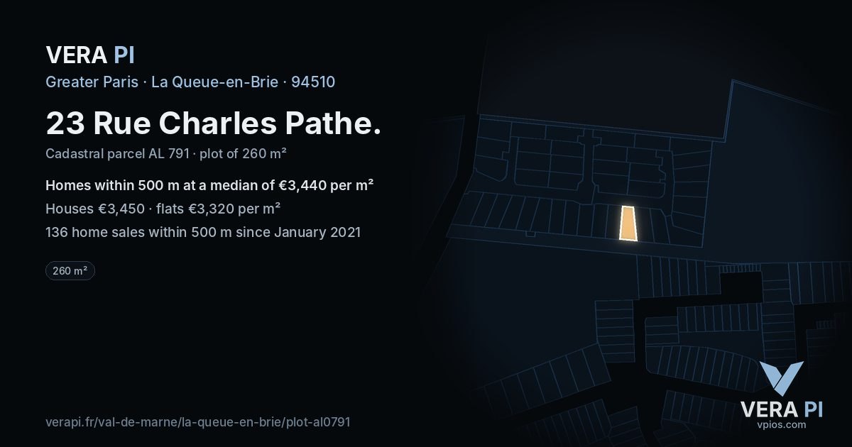 23 Rue Charles Pathe, La Queue-en-Brie at night – the plot lit, the parcels around coloured by the prices near them