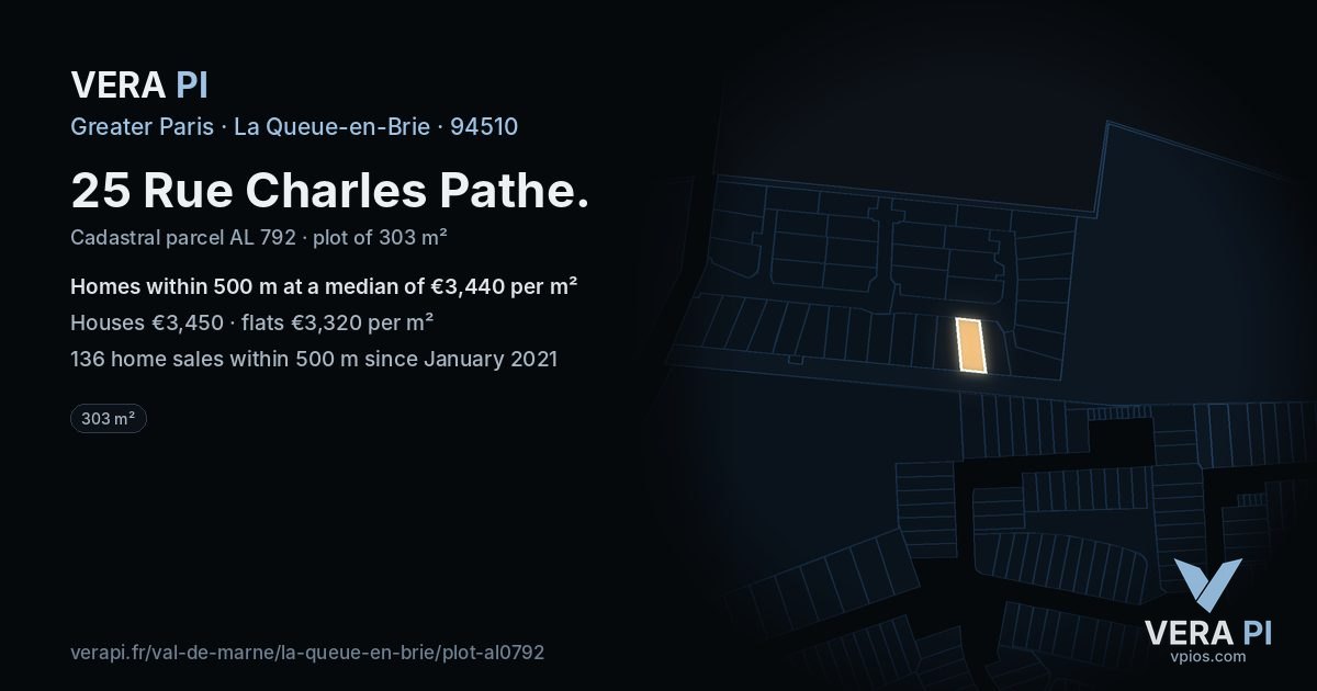 25 Rue Charles Pathe, La Queue-en-Brie at night – the plot lit, the parcels around coloured by the prices near them
