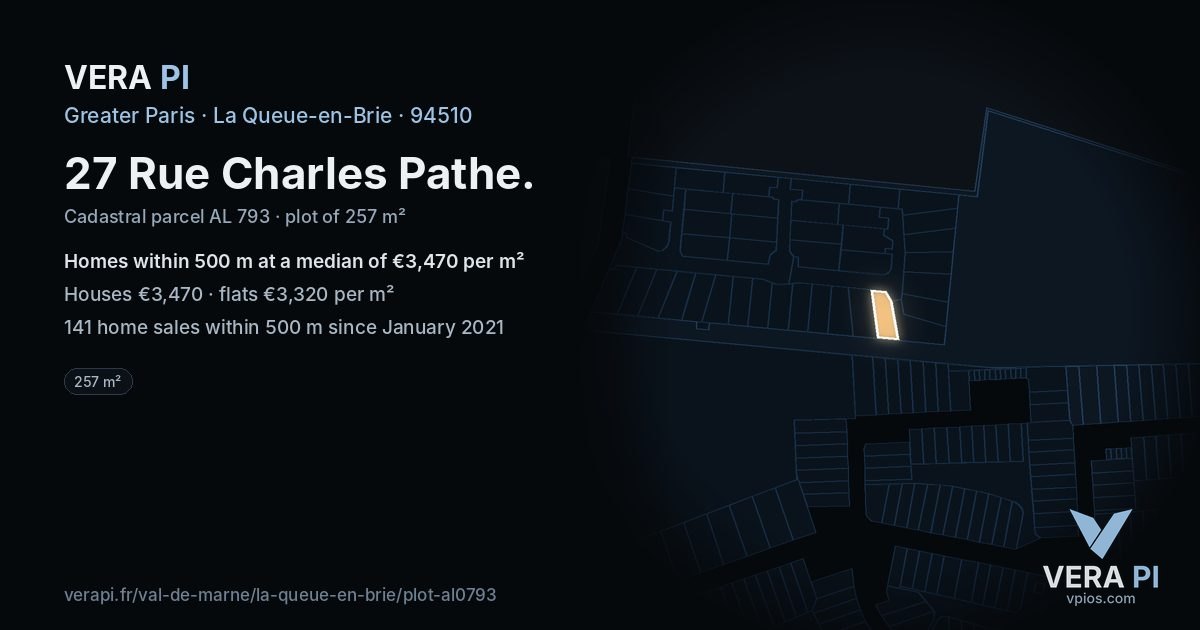 27 Rue Charles Pathe, La Queue-en-Brie at night – the plot lit, the parcels around coloured by the prices near them