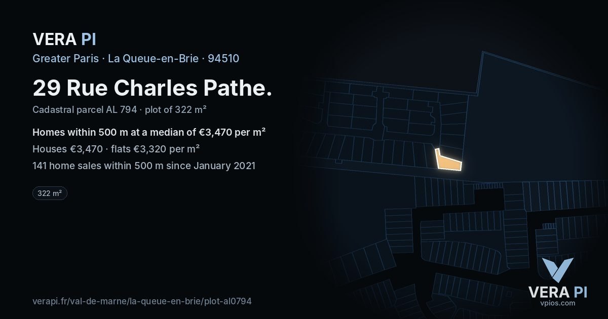 29 Rue Charles Pathe, La Queue-en-Brie at night – the plot lit, the parcels around coloured by the prices near them