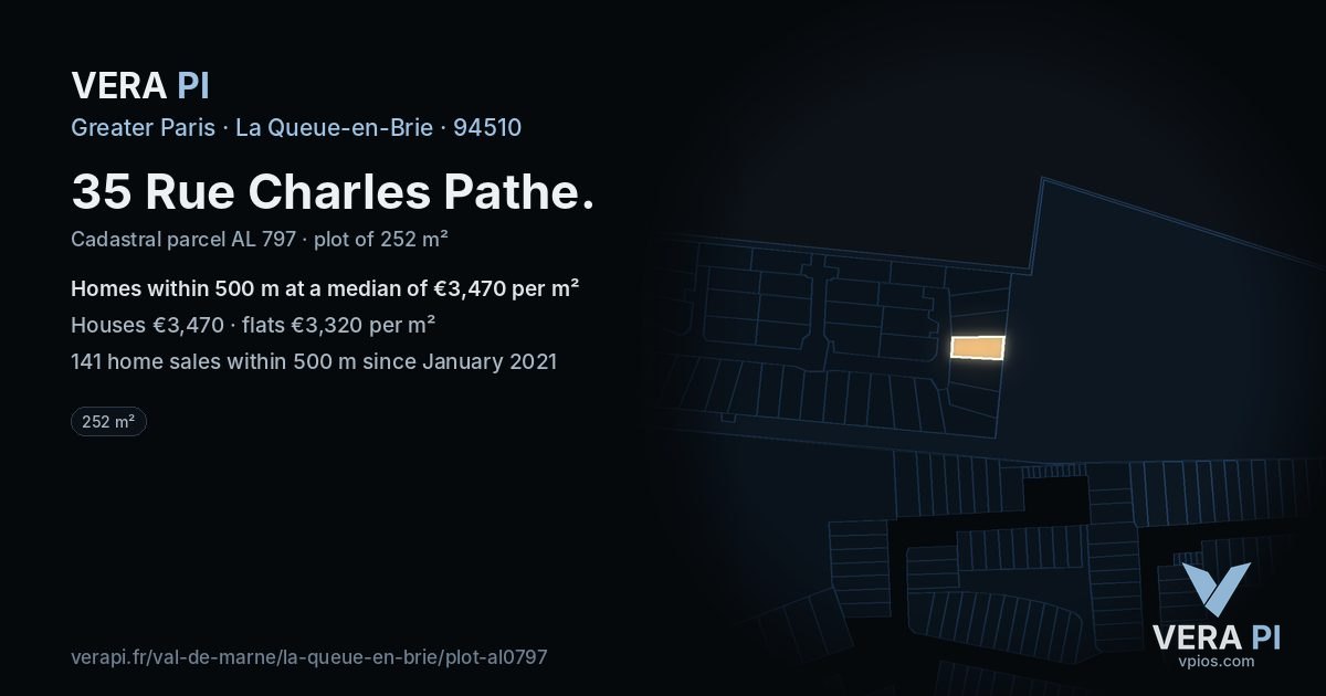 35 Rue Charles Pathe, La Queue-en-Brie at night – the plot lit, the parcels around coloured by the prices near them