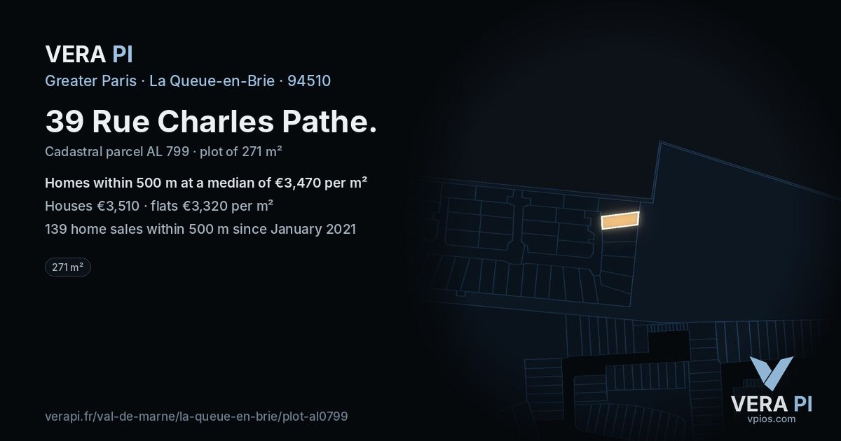 39 Rue Charles Pathe, La Queue-en-Brie at night – the plot lit, the parcels around coloured by the prices near them