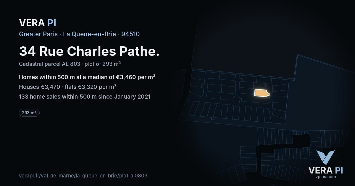 34 Rue Charles Pathe, La Queue-en-Brie at night – the plot lit, the parcels around coloured by the prices near them