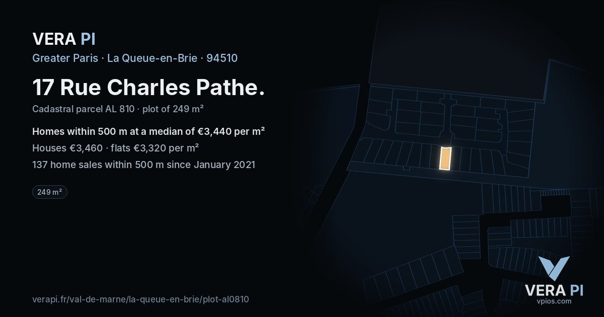 17 Rue Charles Pathe, La Queue-en-Brie at night – the plot lit, the parcels around coloured by the prices near them