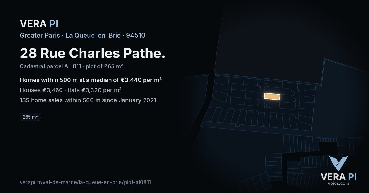 28 Rue Charles Pathe, La Queue-en-Brie at night – the plot lit, the parcels around coloured by the prices near them