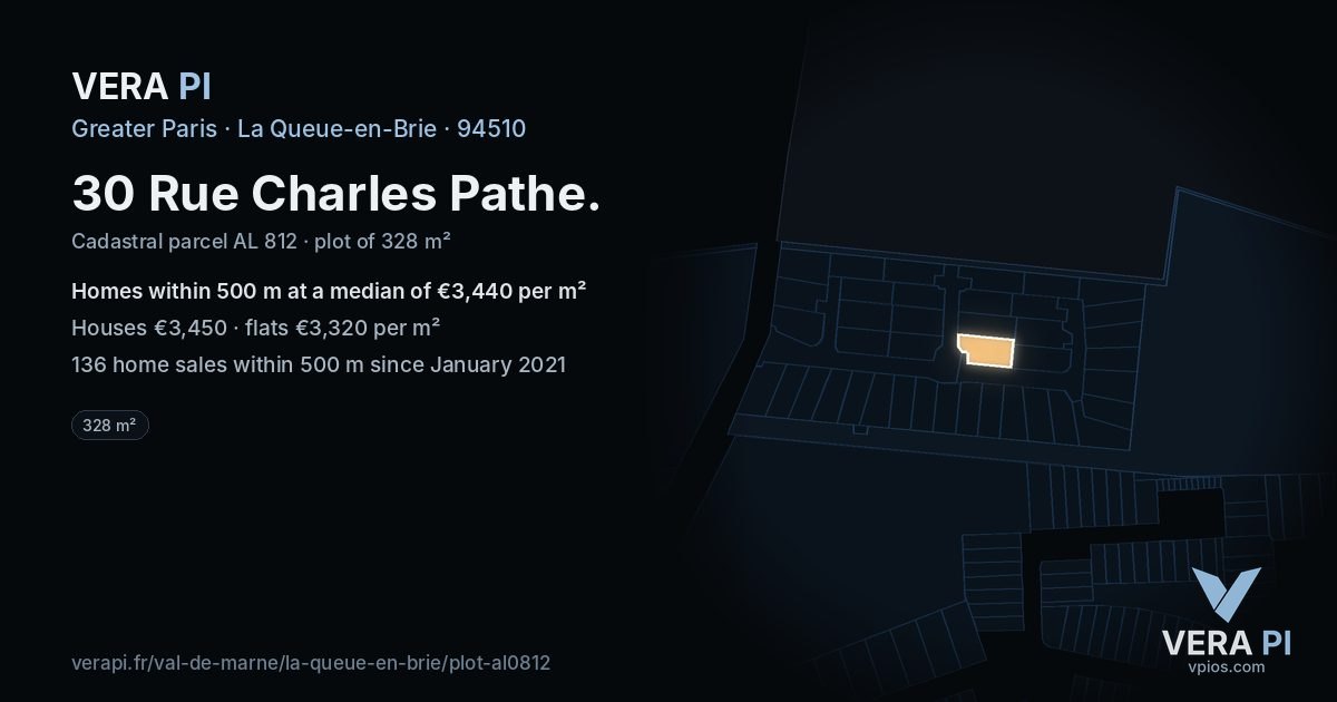 30 Rue Charles Pathe, La Queue-en-Brie at night – the plot lit, the parcels around coloured by the prices near them