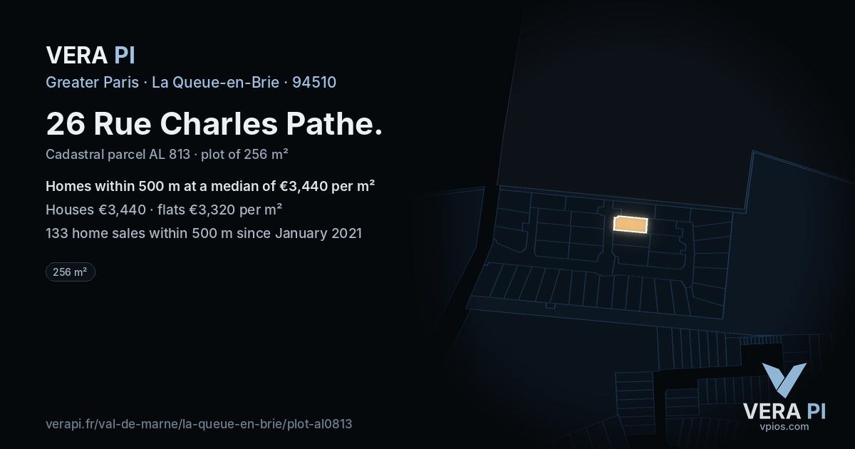 26 Rue Charles Pathe, La Queue-en-Brie at night – the plot lit, the parcels around coloured by the prices near them