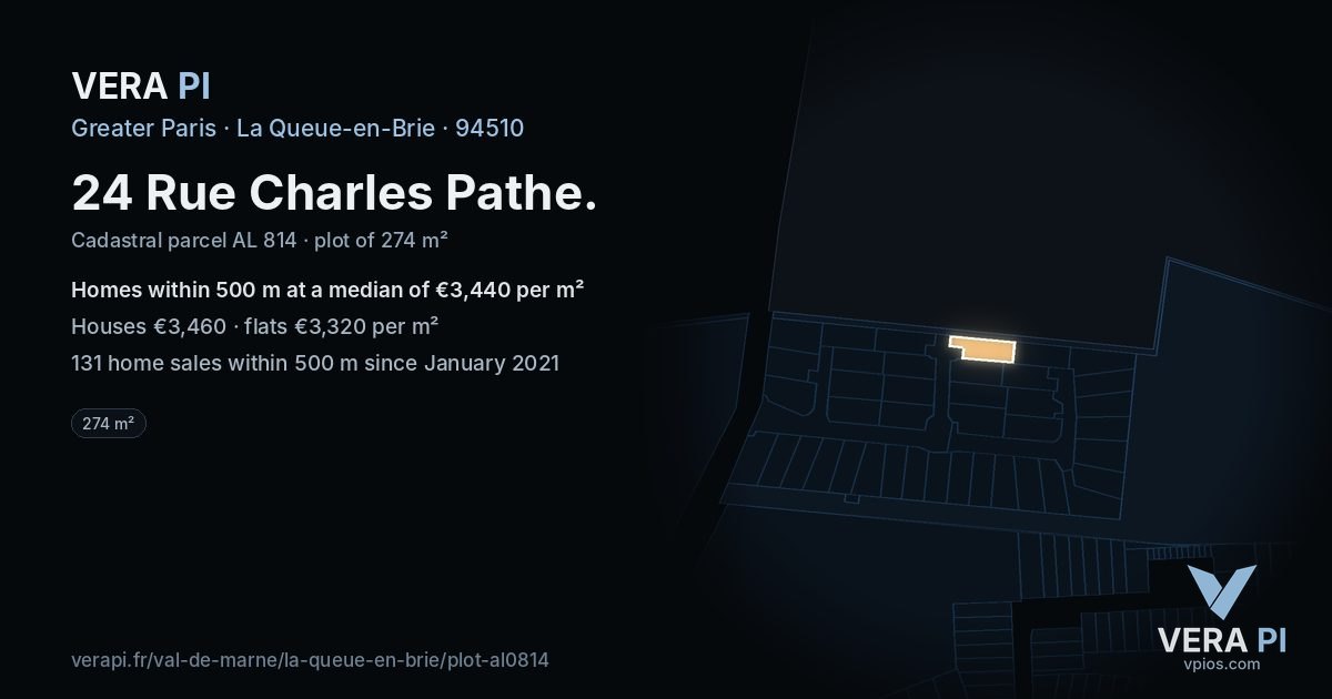 24 Rue Charles Pathe, La Queue-en-Brie at night – the plot lit, the parcels around coloured by the prices near them