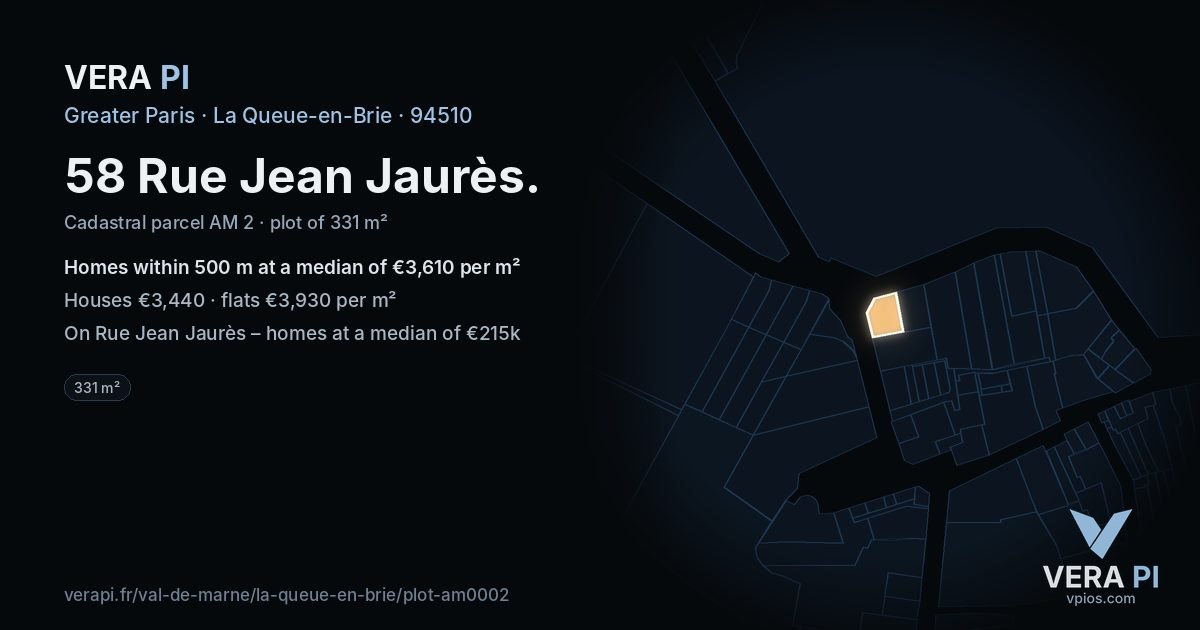58 Rue Jean Jaurès, La Queue-en-Brie at night – the plot lit, the parcels around coloured by the prices near them