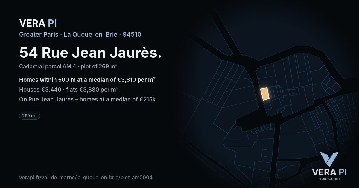 54 Rue Jean Jaurès, La Queue-en-Brie at night – the plot lit, the parcels around coloured by the prices near them