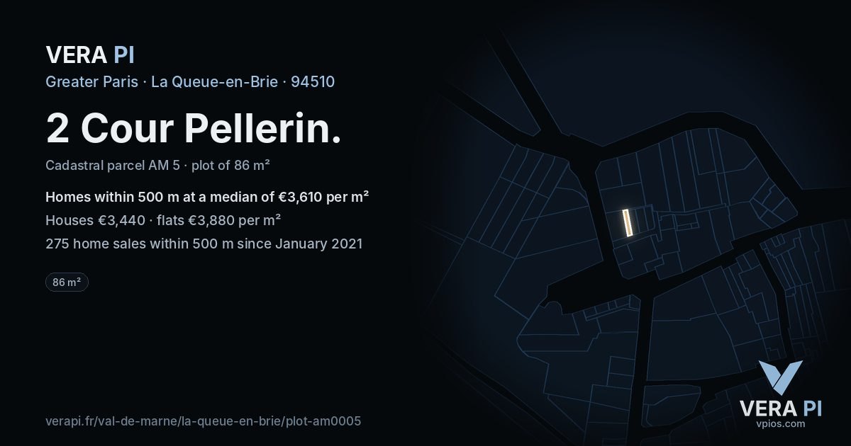 2 Cour Pellerin, La Queue-en-Brie at night – the plot lit, the parcels around coloured by the prices near them