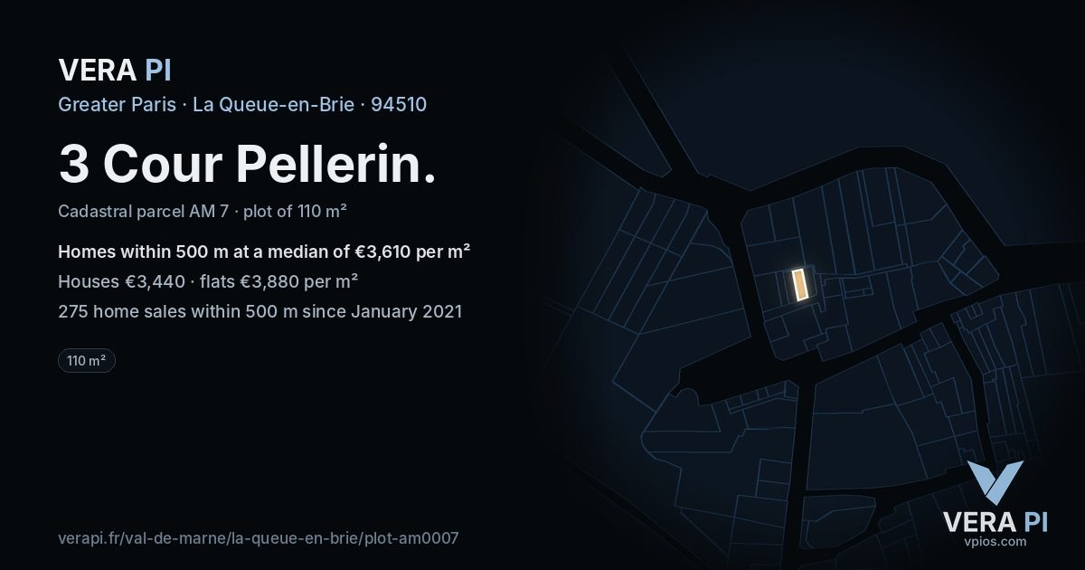 3 Cour Pellerin, La Queue-en-Brie at night – the plot lit, the parcels around coloured by the prices near them