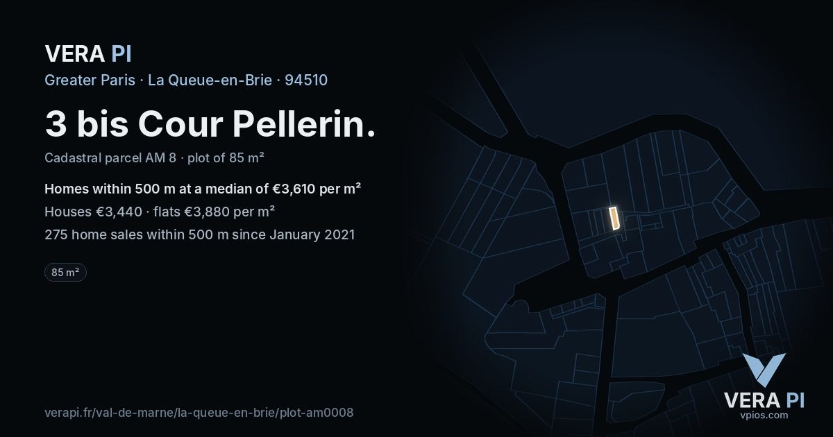 3 bis Cour Pellerin, La Queue-en-Brie at night – the plot lit, the parcels around coloured by the prices near them