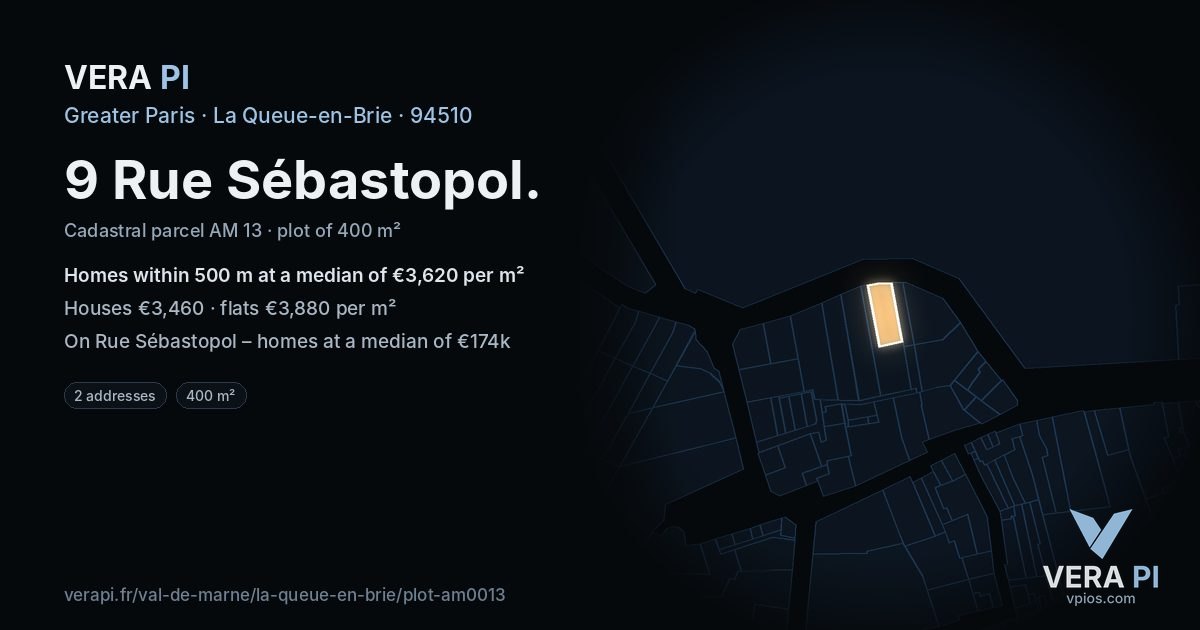 9 Rue Sébastopol, La Queue-en-Brie at night – the plot lit, the parcels around coloured by the prices near them