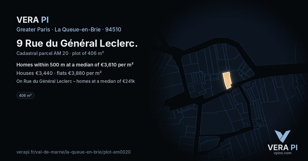 9 Rue du Général Leclerc, La Queue-en-Brie at night – the plot lit, the parcels around coloured by the prices near them