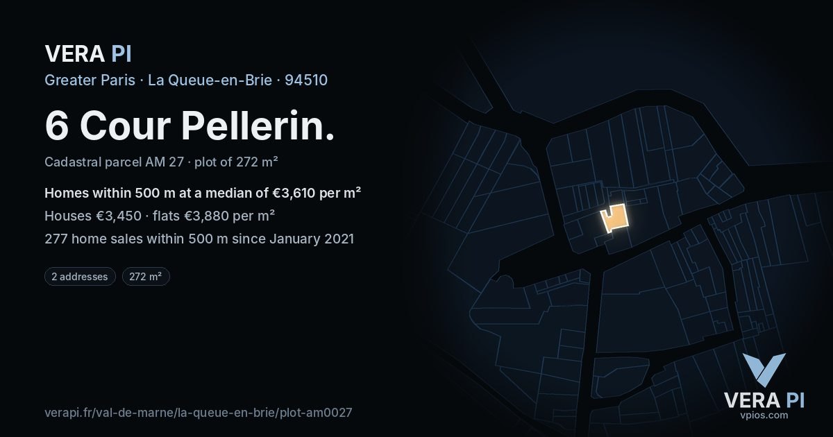 6 Cour Pellerin, La Queue-en-Brie at night – the plot lit, the parcels around coloured by the prices near them