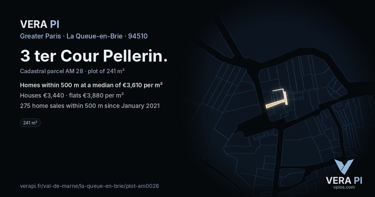 3 ter Cour Pellerin, La Queue-en-Brie at night – the plot lit, the parcels around coloured by the prices near them