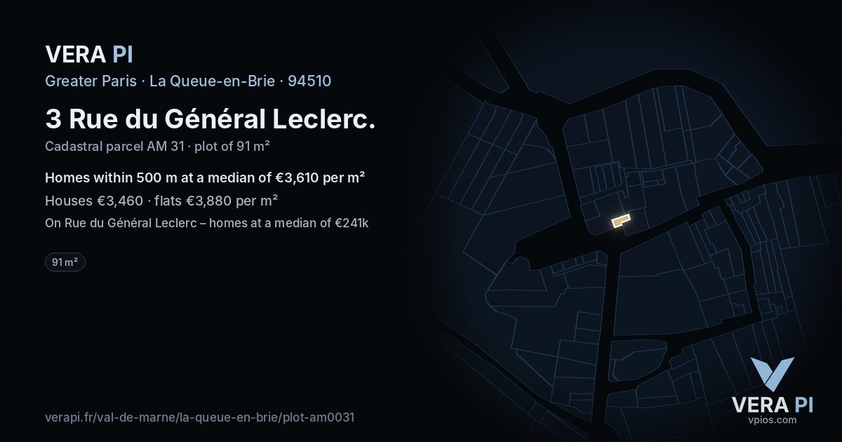 3 Rue du Général Leclerc, La Queue-en-Brie at night – the plot lit, the parcels around coloured by the prices near them