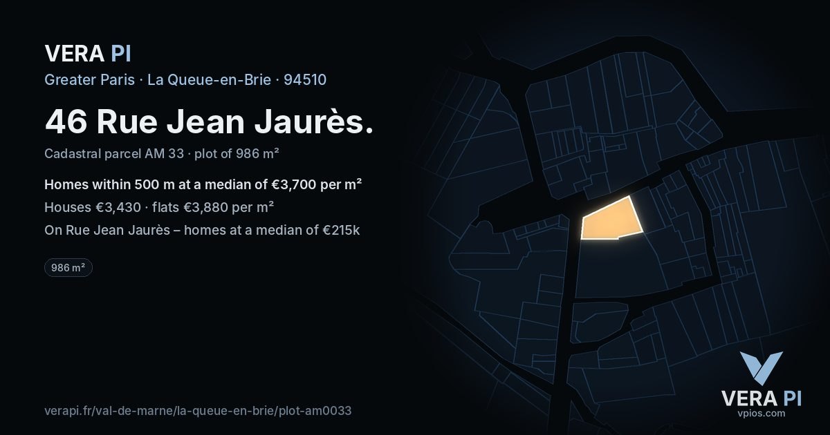 46 Rue Jean Jaurès, La Queue-en-Brie at night – the plot lit, the parcels around coloured by the prices near them