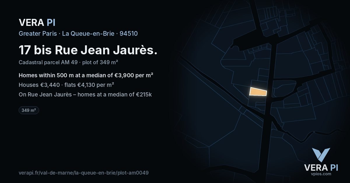 17 bis Rue Jean Jaurès, La Queue-en-Brie at night – the plot lit, the parcels around coloured by the prices near them